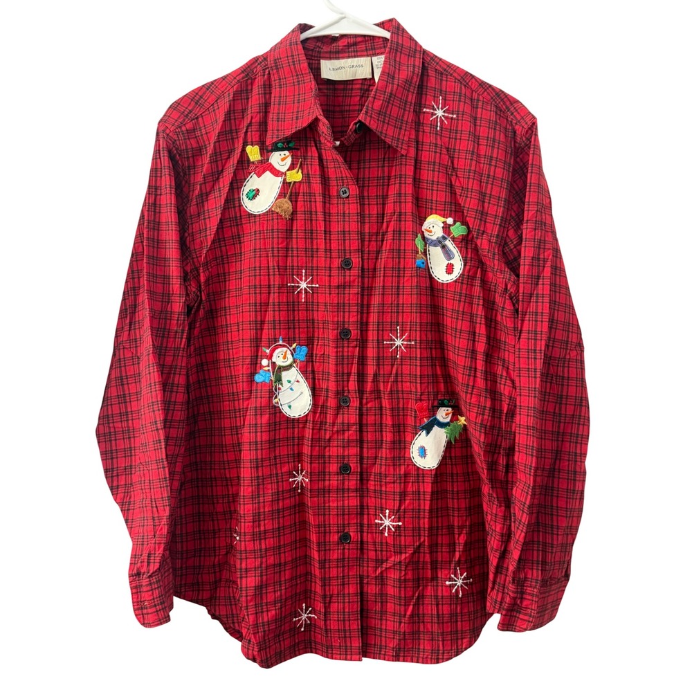 Lemon Grass Womens Small Red Plaid Snowman Embroidered Christmas Button Up Shirt